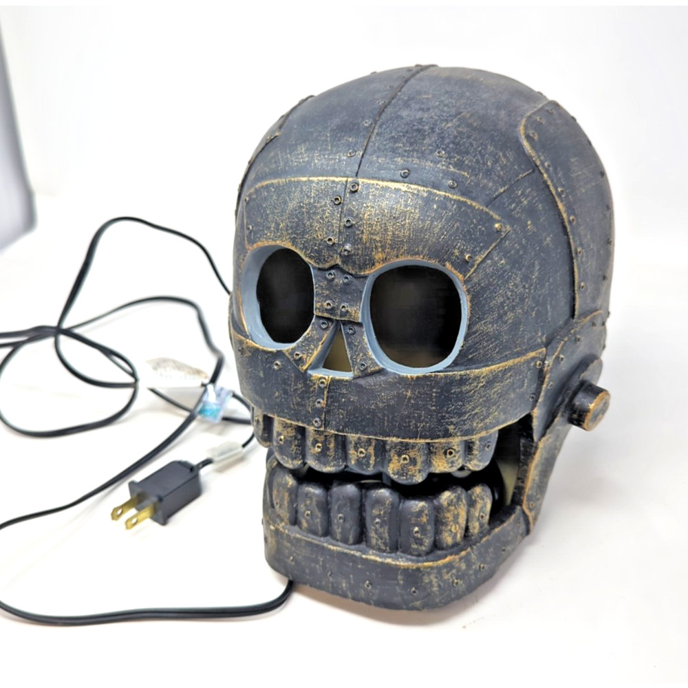 Helmet Steampunk Metal Look Plastic Skull Night Light Electric Halloween Decor